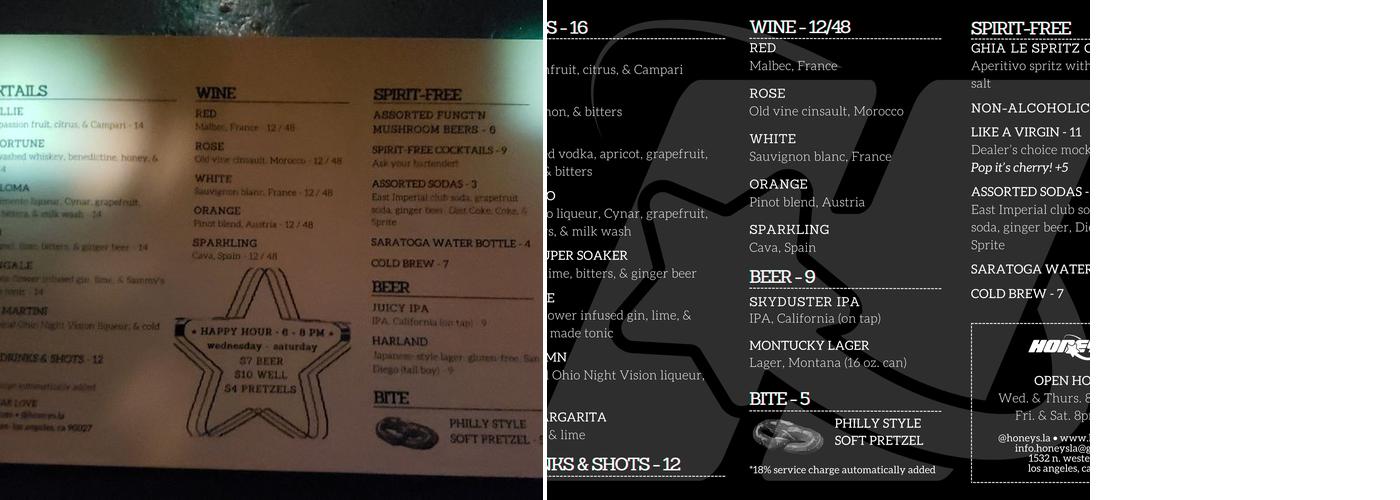 Honey's at Star Love Menu