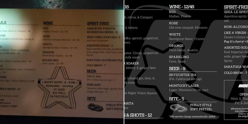 Honey's at Star Love Menu