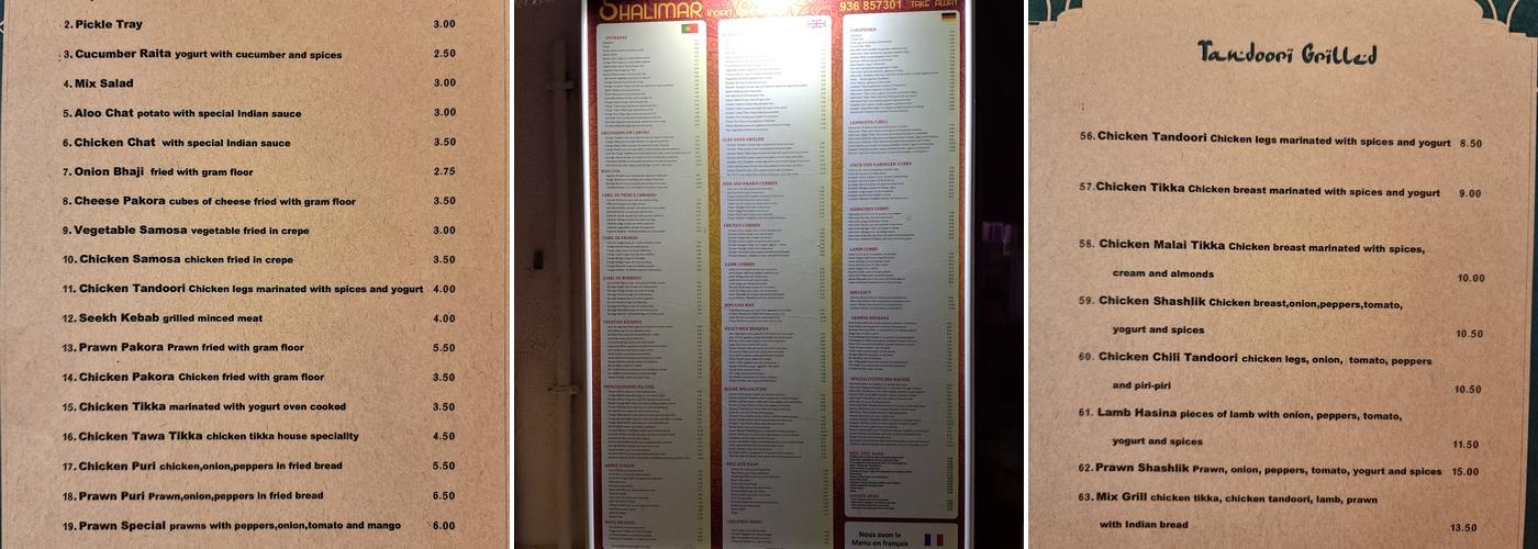 Shalimar Menu