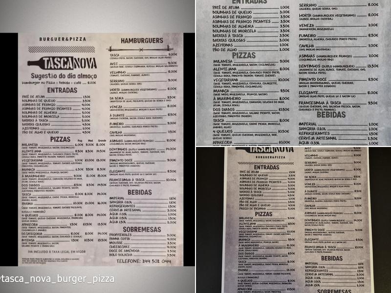 Tasca Nova Burger & Pizza Menu