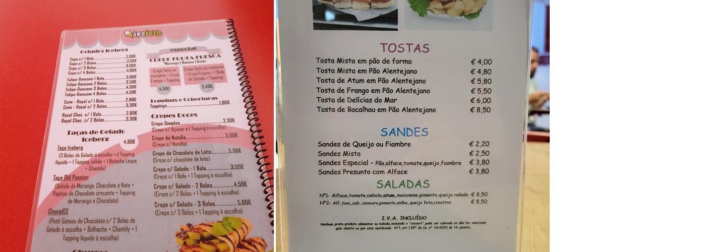 Gelataria Iceberg São Pedro de moel Menu