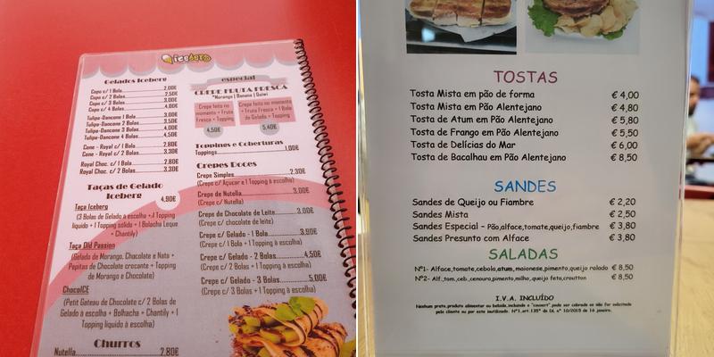 Gelataria Iceberg São Pedro de moel Menu