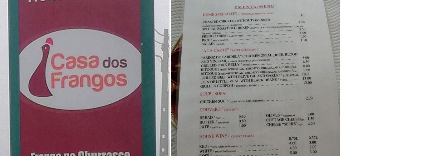 Casa dos Frangos Menu