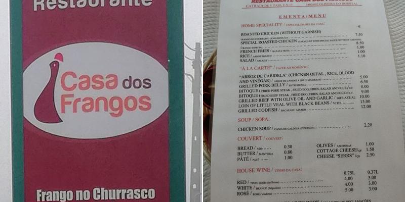 Casa dos Frangos Menu