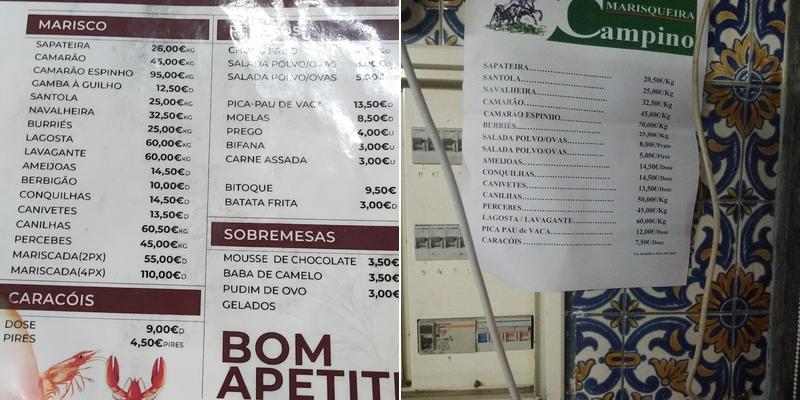 Marisqueira Campino Menu