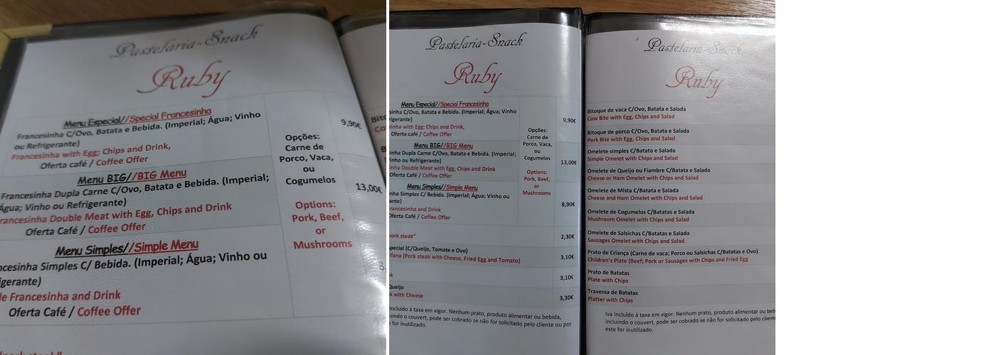 Pastelaria Snack Ruby Menu