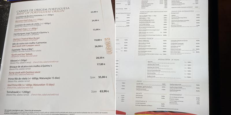 Quirinus Wine Grill Menu