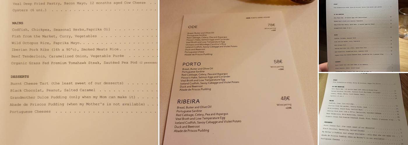 ODE Porto Wine House Menu