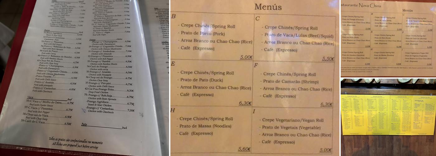 Restaurante Nova China - Chu Yen Kun Menu