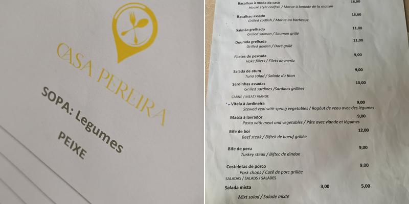 Casa Pereira Menu