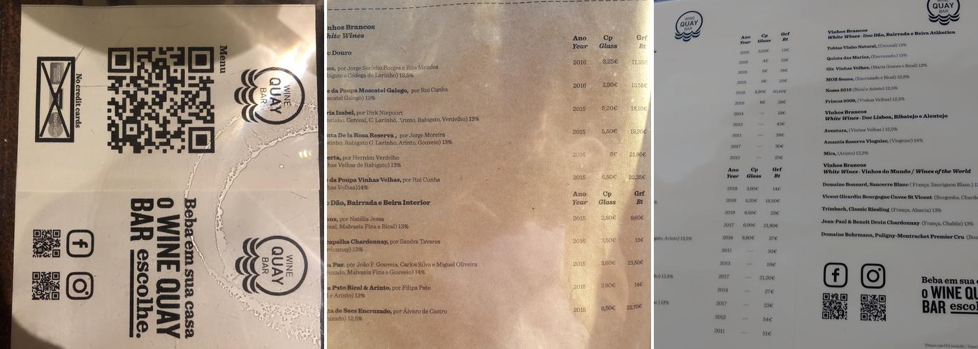 Wine Quay Bar Menu