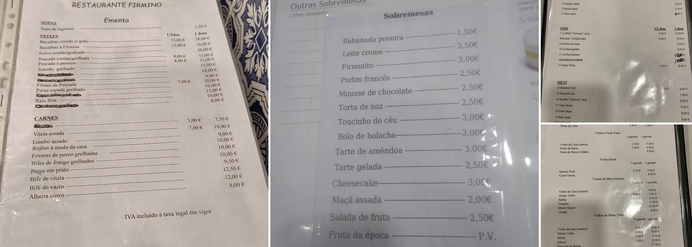 Restaurante Firmino, Lda. Menu