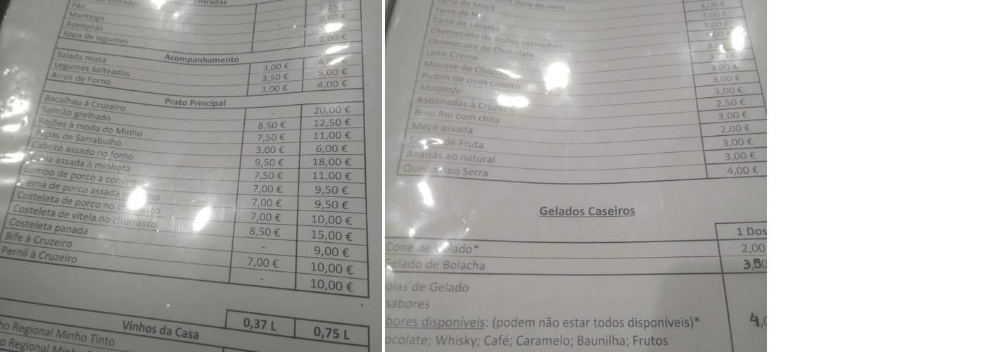 Cruzeiro Menu