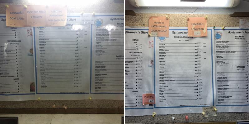 Restaurant Maré Menu