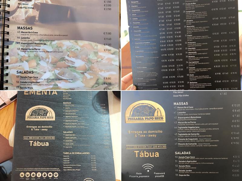 Pizzaria Papo Seco, Lda. Menu