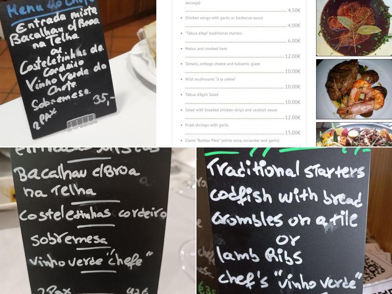 Tábua D'Aço - Actividades Hoteleiras, Lda. Menu
