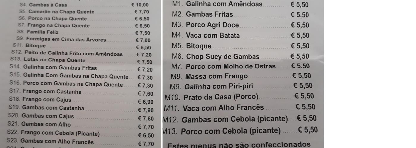 Restaurante chinês Yun Tian Lou Menu