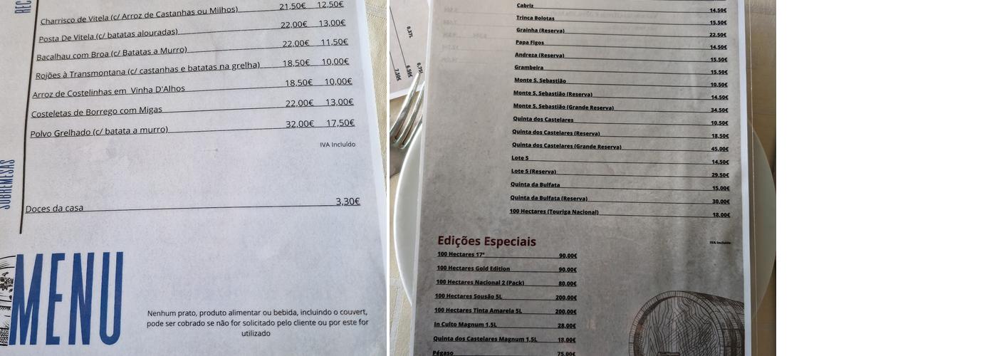 Adega Regional Passos Perdidos Menu