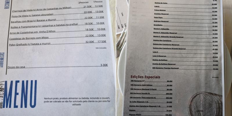 Adega Regional Passos Perdidos Menu