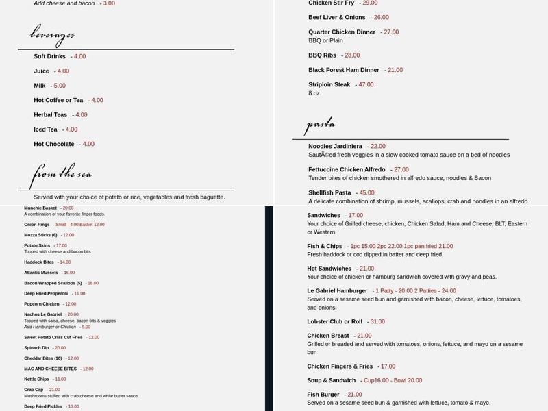 Le Gabriel Restaurant & Lounge Menu