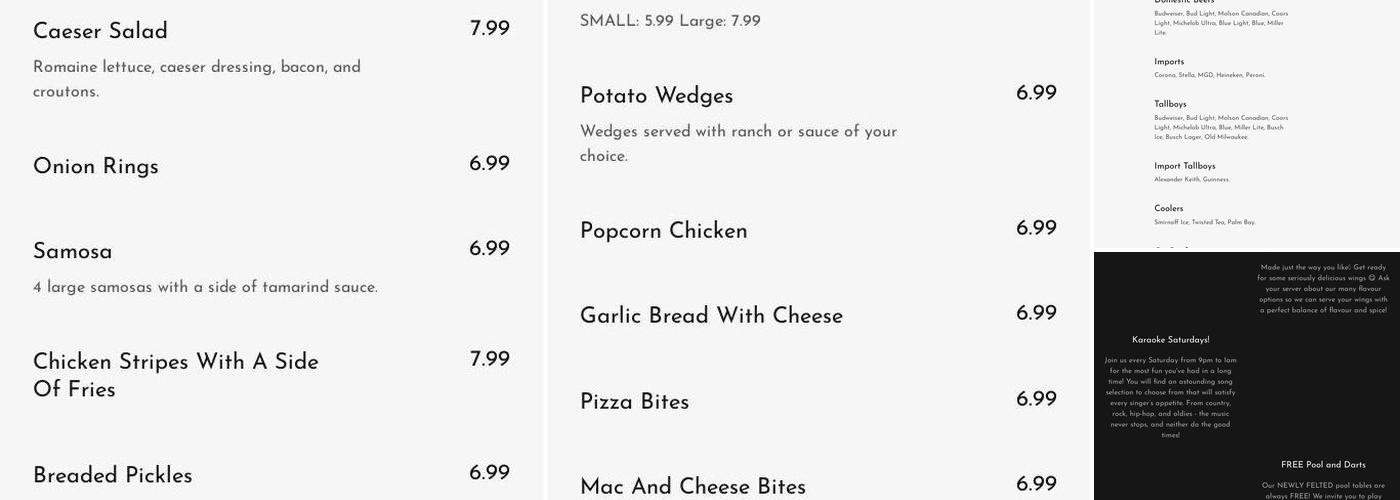 Bala's Sports Bar Menu