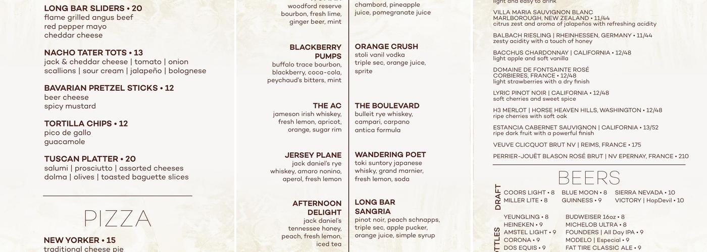 Long Bar Menu