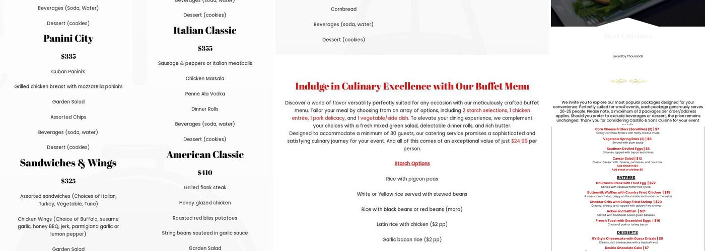 Castillo & Sons Cuisine Menu