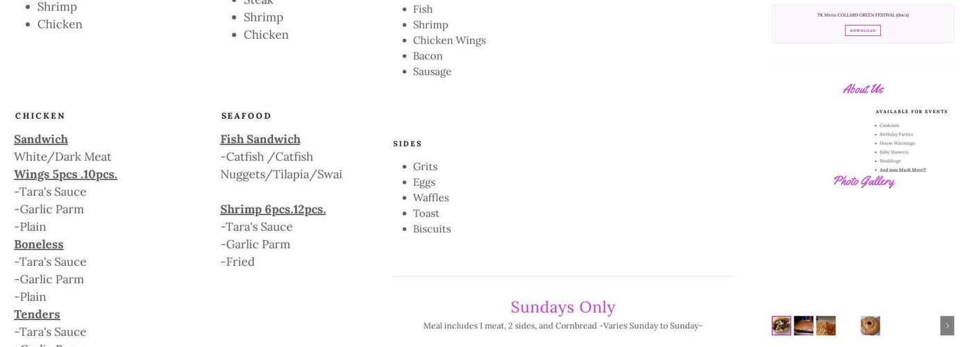 Tara's Kitchen Menu