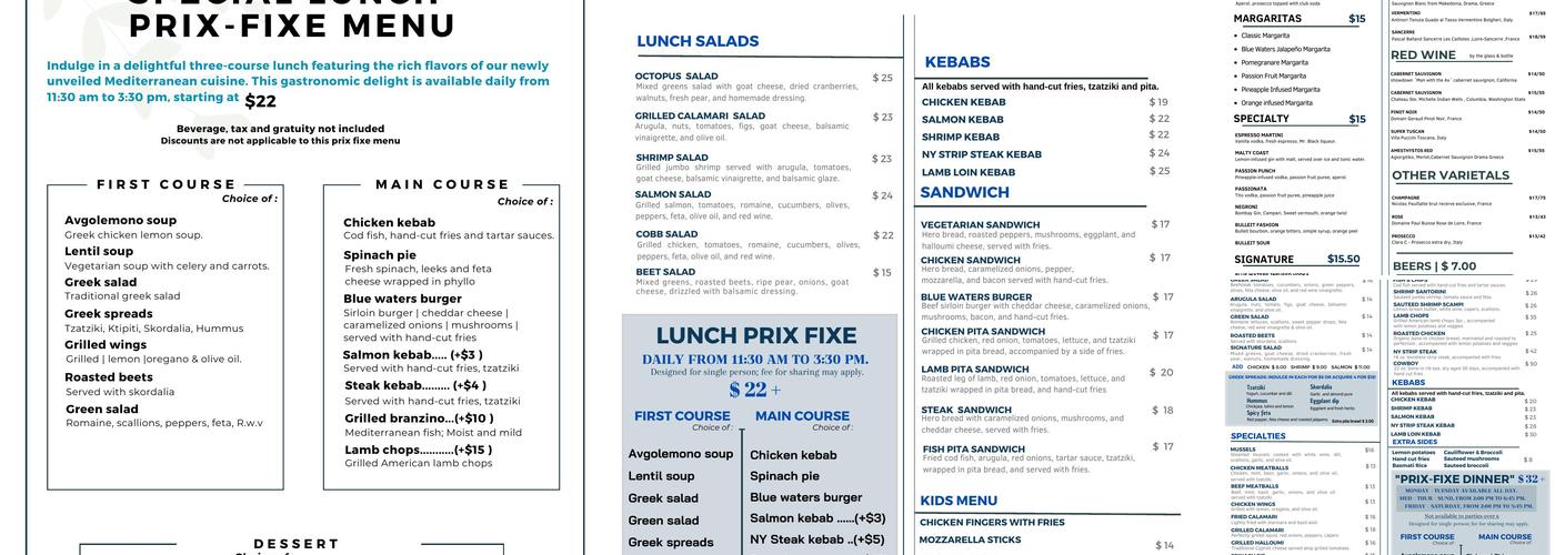 Blue Waters Mediterranean Cuisine Menu