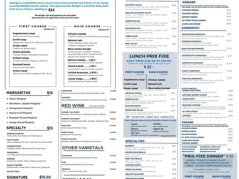 Blue Waters Mediterranean Cuisine Menu
