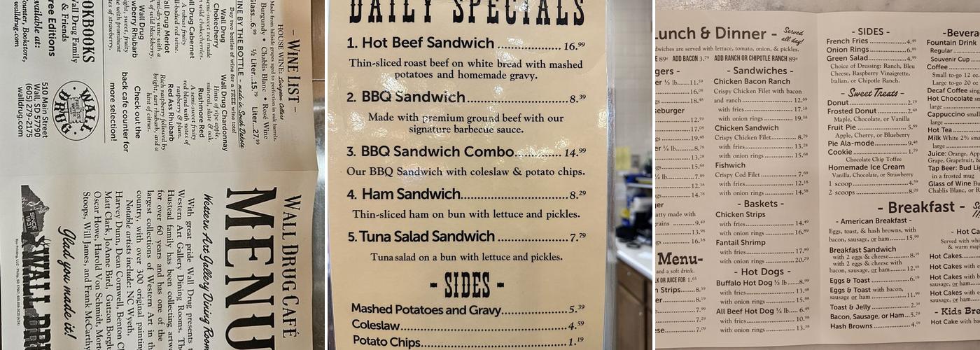 Wall Drug Store Menu
