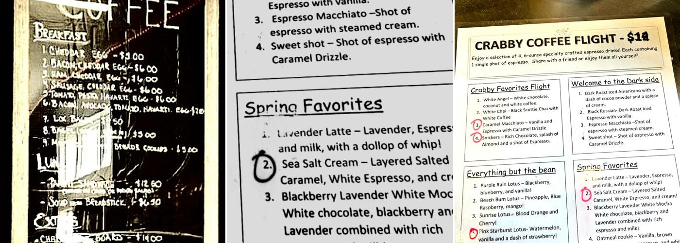 Crabby Coffee Menu