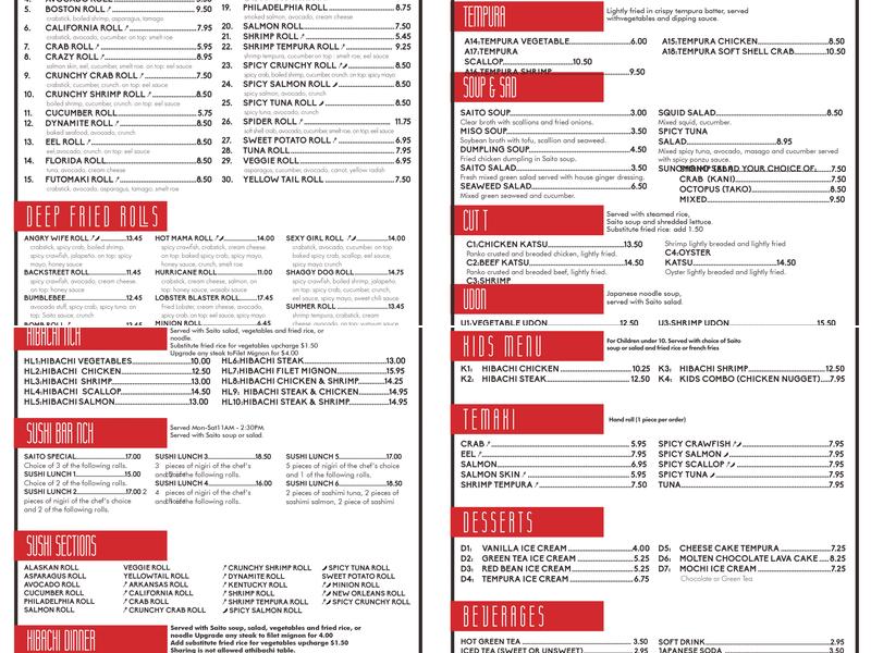 Saito Japanese Steakhouse Menu