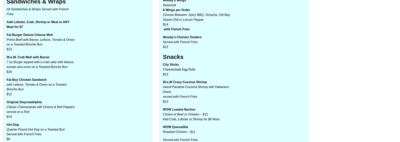 Woody's on Wheels Menu