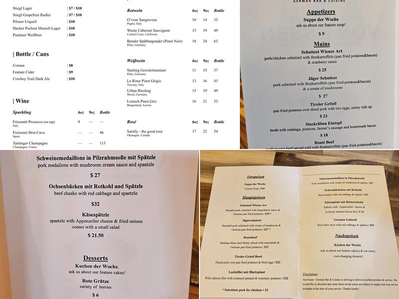 Von Essen - German Bar & Cuisine Menu