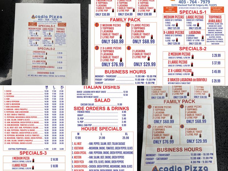 Acadia Pizza Menu