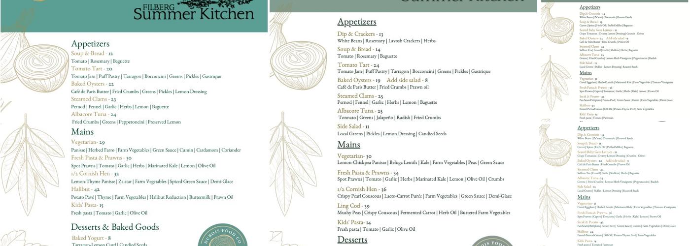 Filberg Summer Kitchen Menu