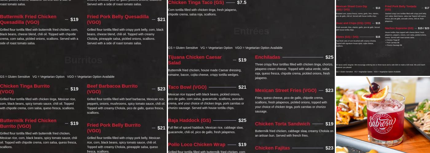 Sabrosa Menu