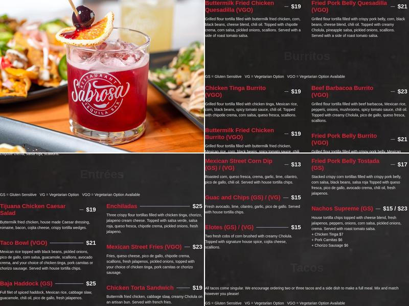 Sabrosa Menu