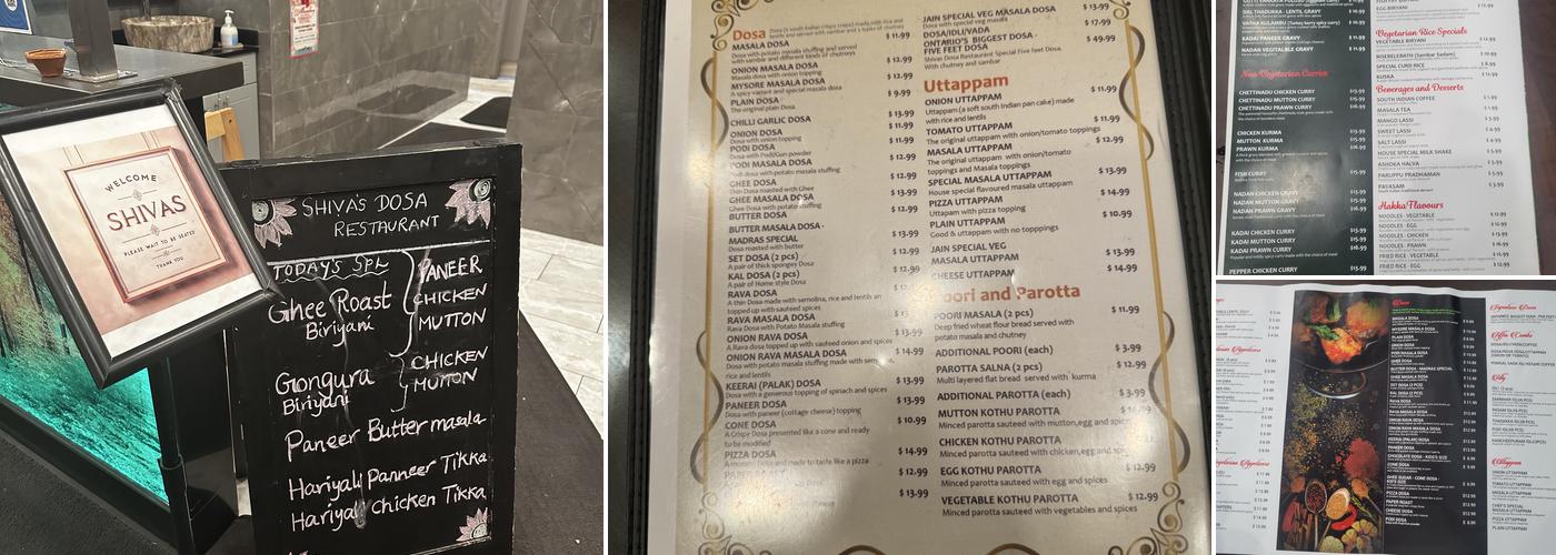 Shivas Dosa Restaurant Menu