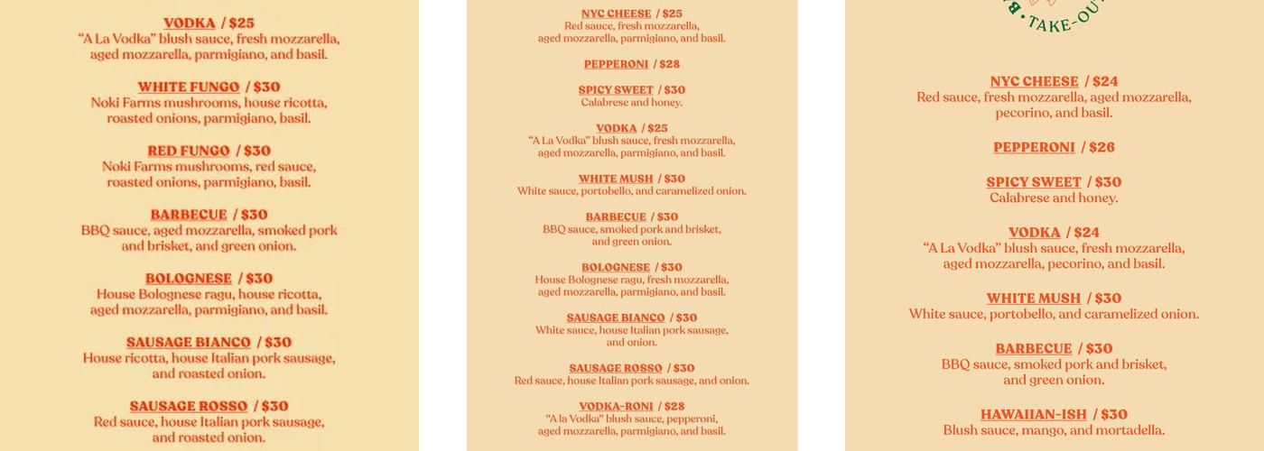 Back of House Pizza Menu