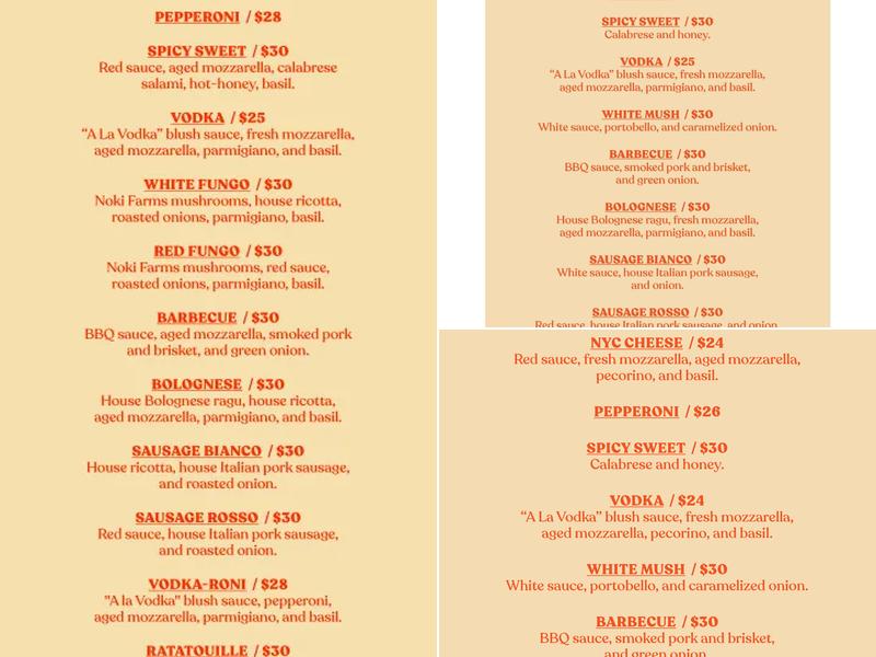 Back of House Pizza Menu