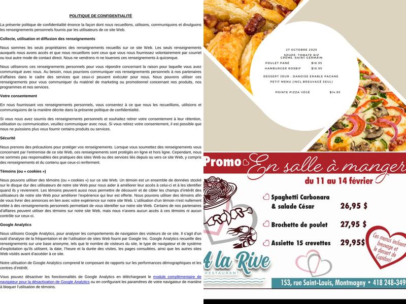 Restaurant à la rive Menu