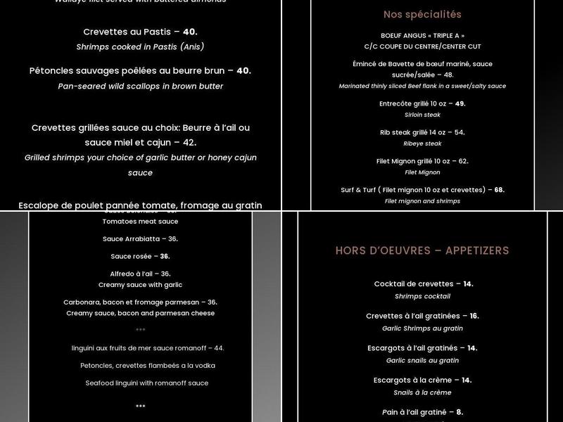 Restaurant l'Entrecôte Menu