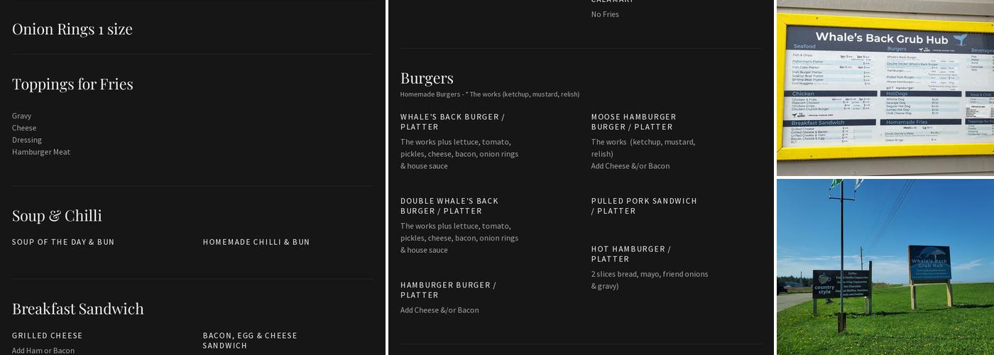 Whale’s Back Grub Hub Menu