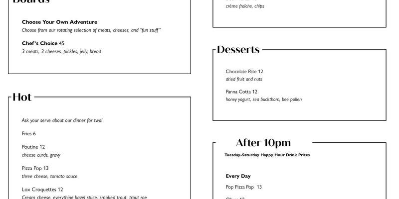 POP Wine Bar Menu