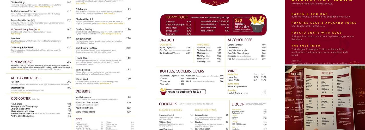 Hynes' Irish Pub Menu