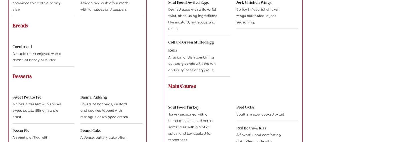 Simone Private Chef Services Menu