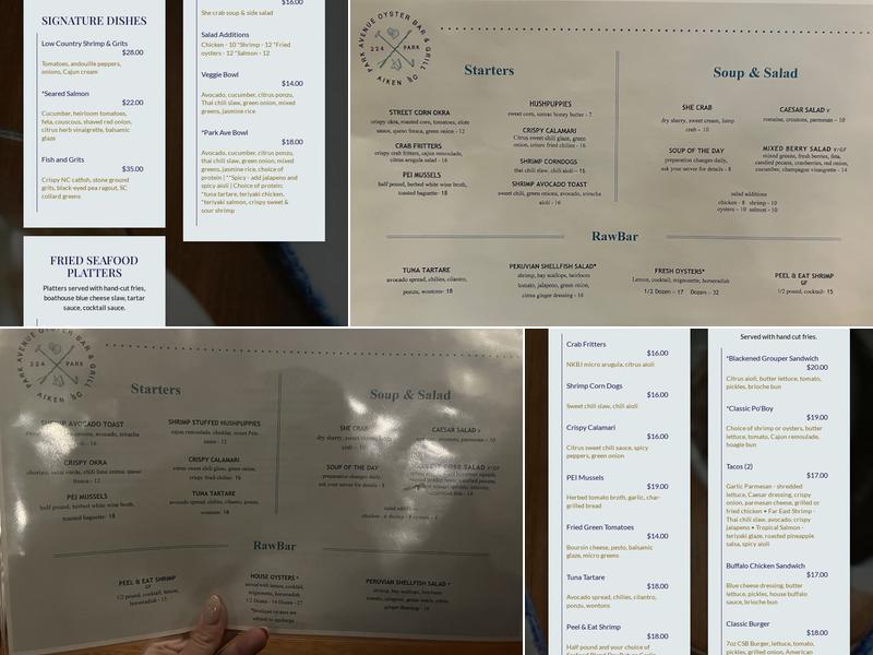 Park Avenue Oyster Bar & Grill Menu