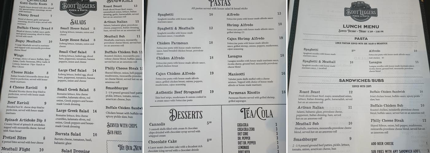 Bootleggers Pizza & Pints Menu